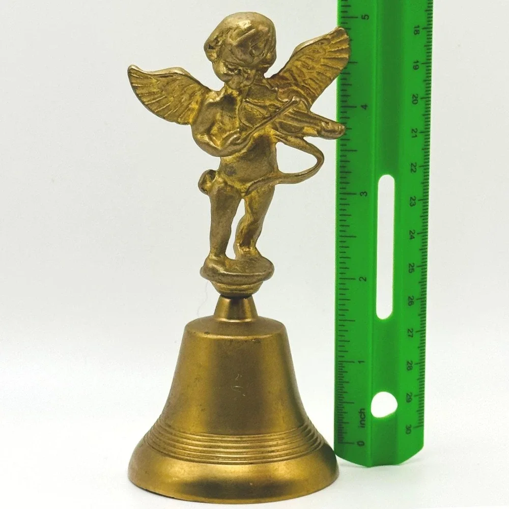 Vintage‎ Brass Cherub Angel Bell Violin Player Hand Bell Cupid Figurine Decor